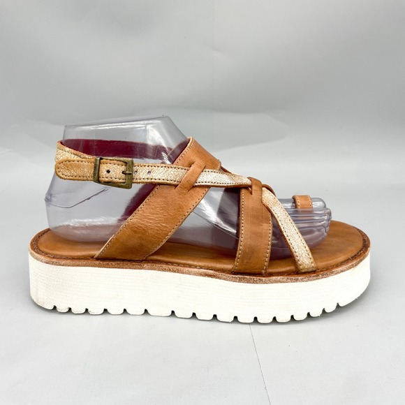 Bed Stu Shoes - Bed Stu Womens 8 Crawler Platform Sandals Tan Gold Leather Toe Loop Strappy Shoe